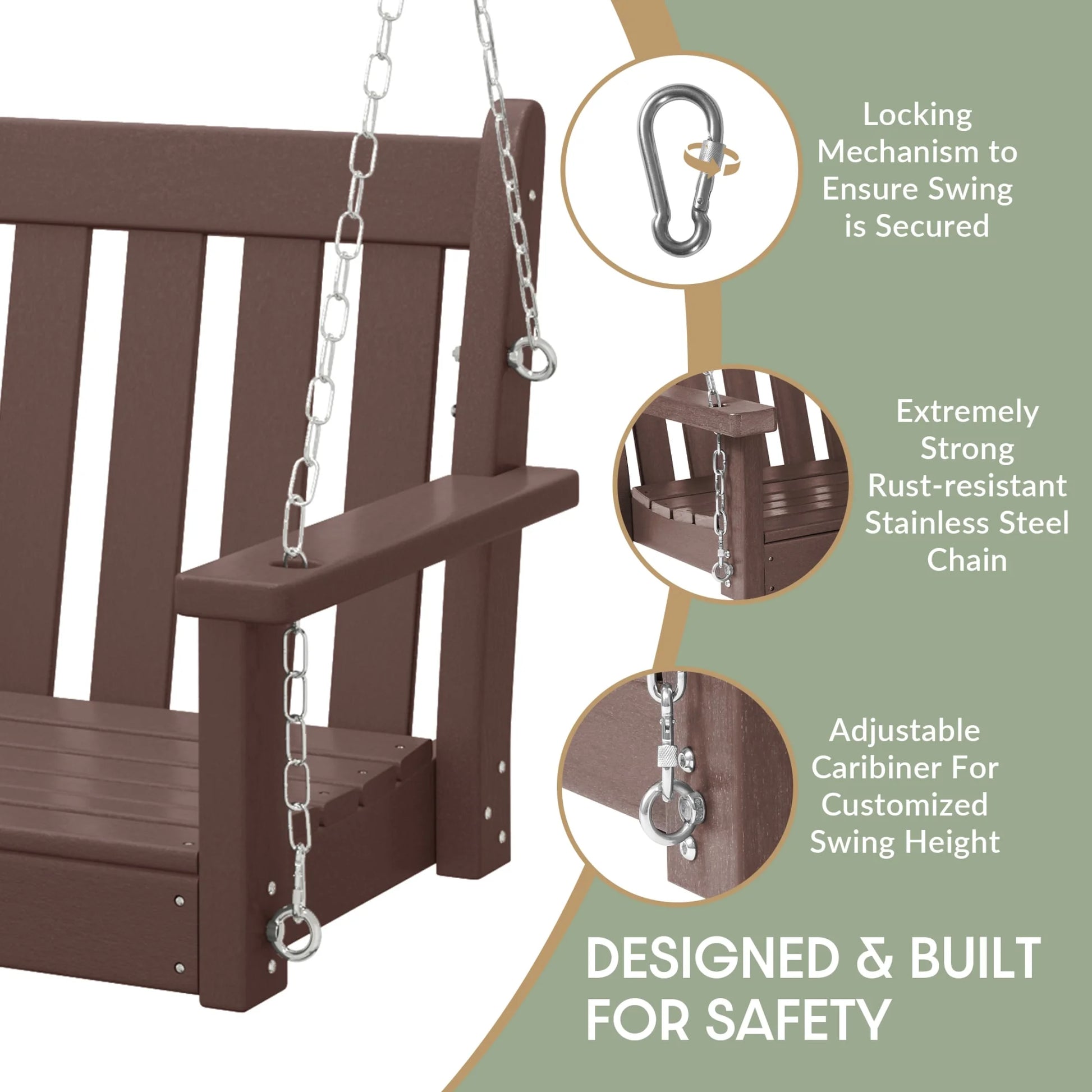 WestinTrends Malibu Outdoor Patio HDPE Hanging Front Porch Swing Bench, Dark Brown