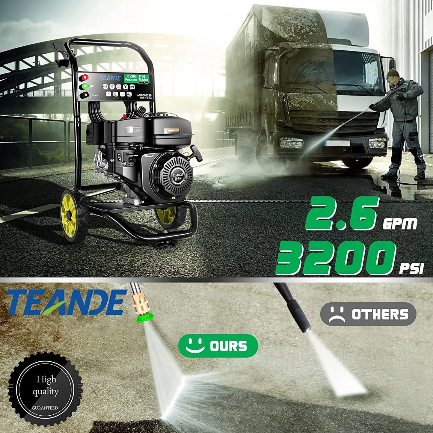 TEANDE Gas Pressure Washer Powered, 2.6 GPM 209cc 7.0 HP Power Washer with 3 Quick-Connect Nozzles, 25 ft Hose for Cars, Driveway, Patio, Siding, Fence Cleaning