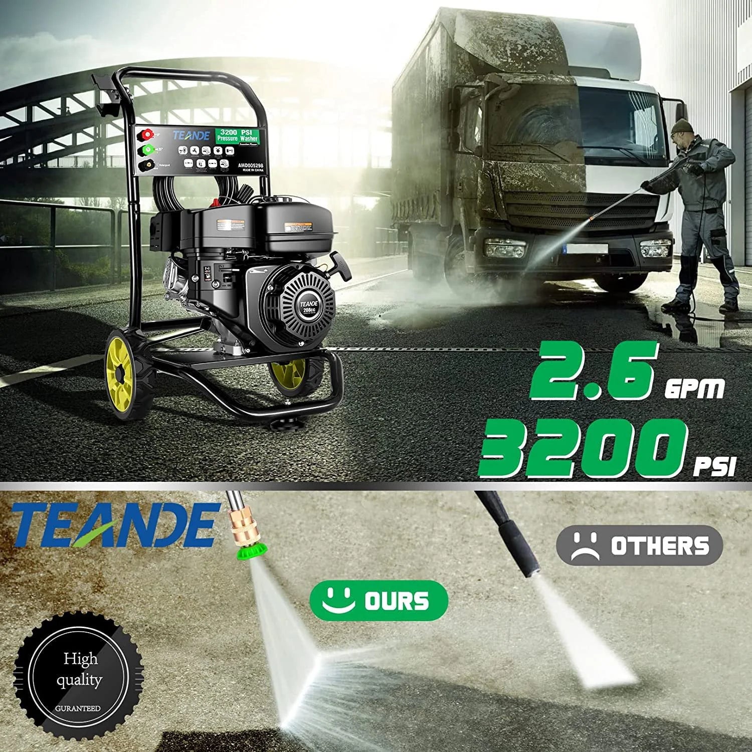 TEANDE Gas Pressure Washer Powered, 2.6 GPM 209cc 7.0 HP Power Washer with 3 Quick-Connect Nozzles, 25 ft Hose for Cars, Driveway, Patio, Siding, Fence Cleaning