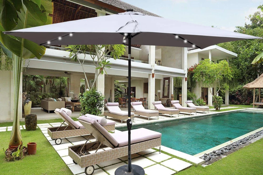 10 x 6.5t Patio Umbrella,Rectangular Picnic Table Umbrella,6-8 Chairs Tilt Umbrella with 26 LED Lights,Waterproof Umbrella Sunshade with Crank and Push Button Tilt for Garden Backyard Pool,LIGHT GREY