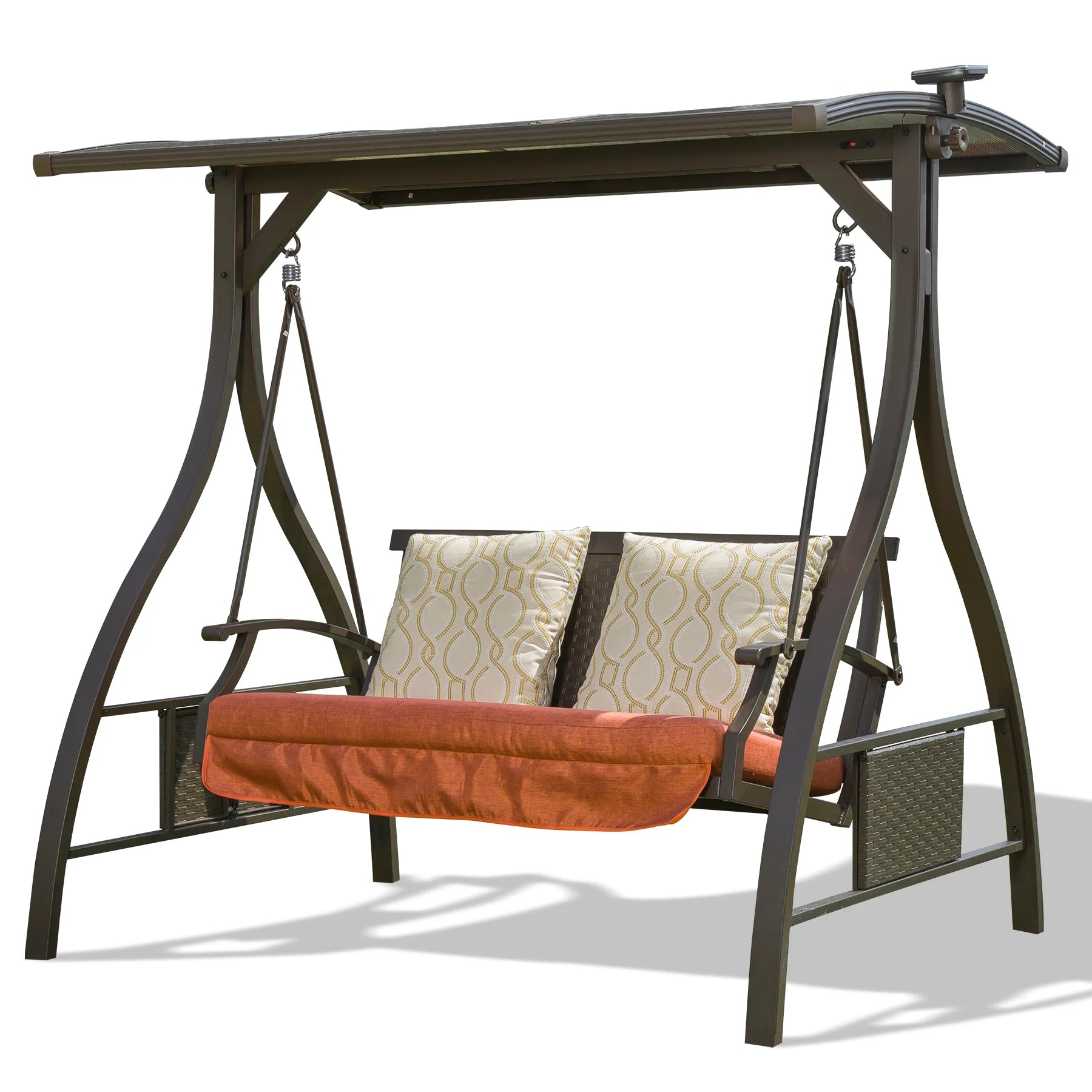 Patio Porch Swing 2 Person Adjustable Canopy Deluxe Hammock Swing Glider with Solar LED Light and 2 Sunbrella Cushions for Outdoor Garden, Balcony, Backyard by Domi outdoor living