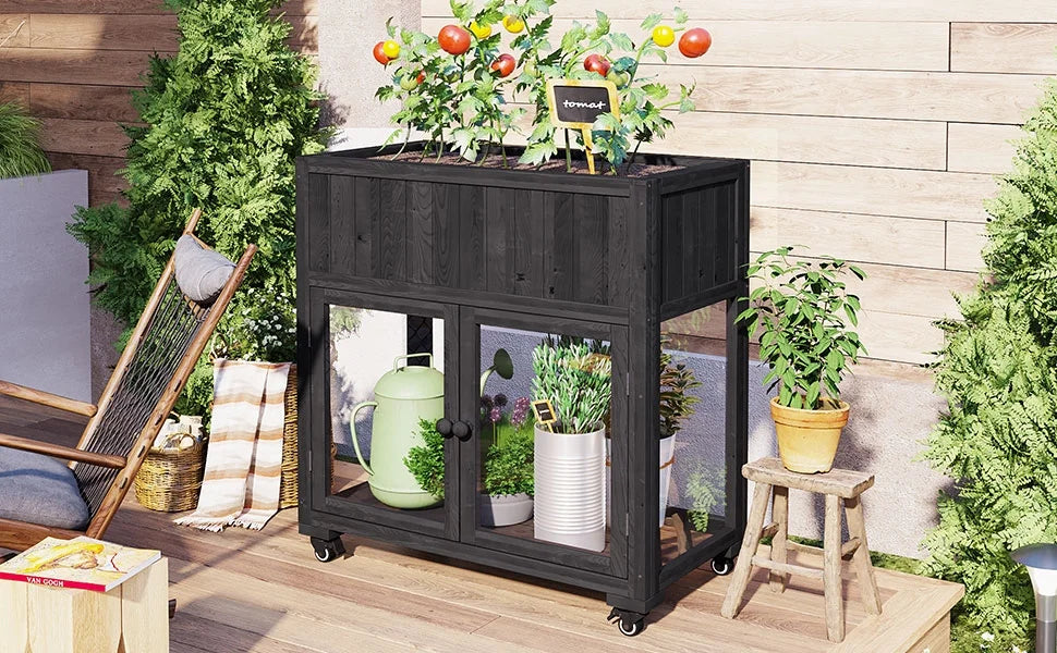 Segmart Raised Wood Greenhouse Outdoor/Indoor,Herb Garden Above Ground Cold Frame with Legs,Mini Garden Bed On Wheels Patio for Vegetable herb