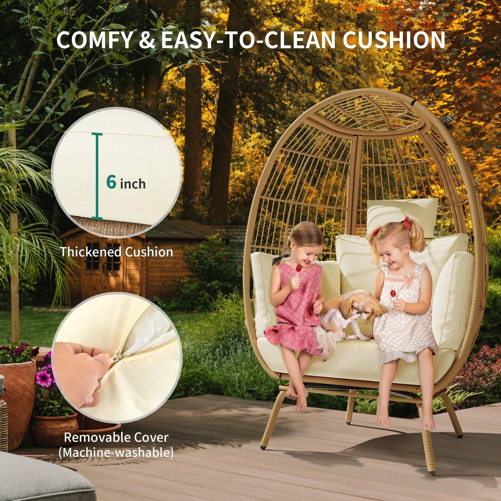 Dextrus Wicker Egg Chair Outdoor Indoor Oversized Lounger with Stand and Cushions Egg Basket Chair for Patio Backyard Porch - Beige