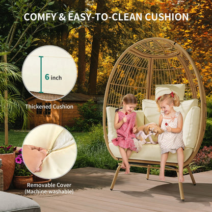 Dextrus Wicker Egg Chair Outdoor Indoor Oversized Lounger with Stand and Cushions Egg Basket Chair for Patio Backyard Porch - Beige