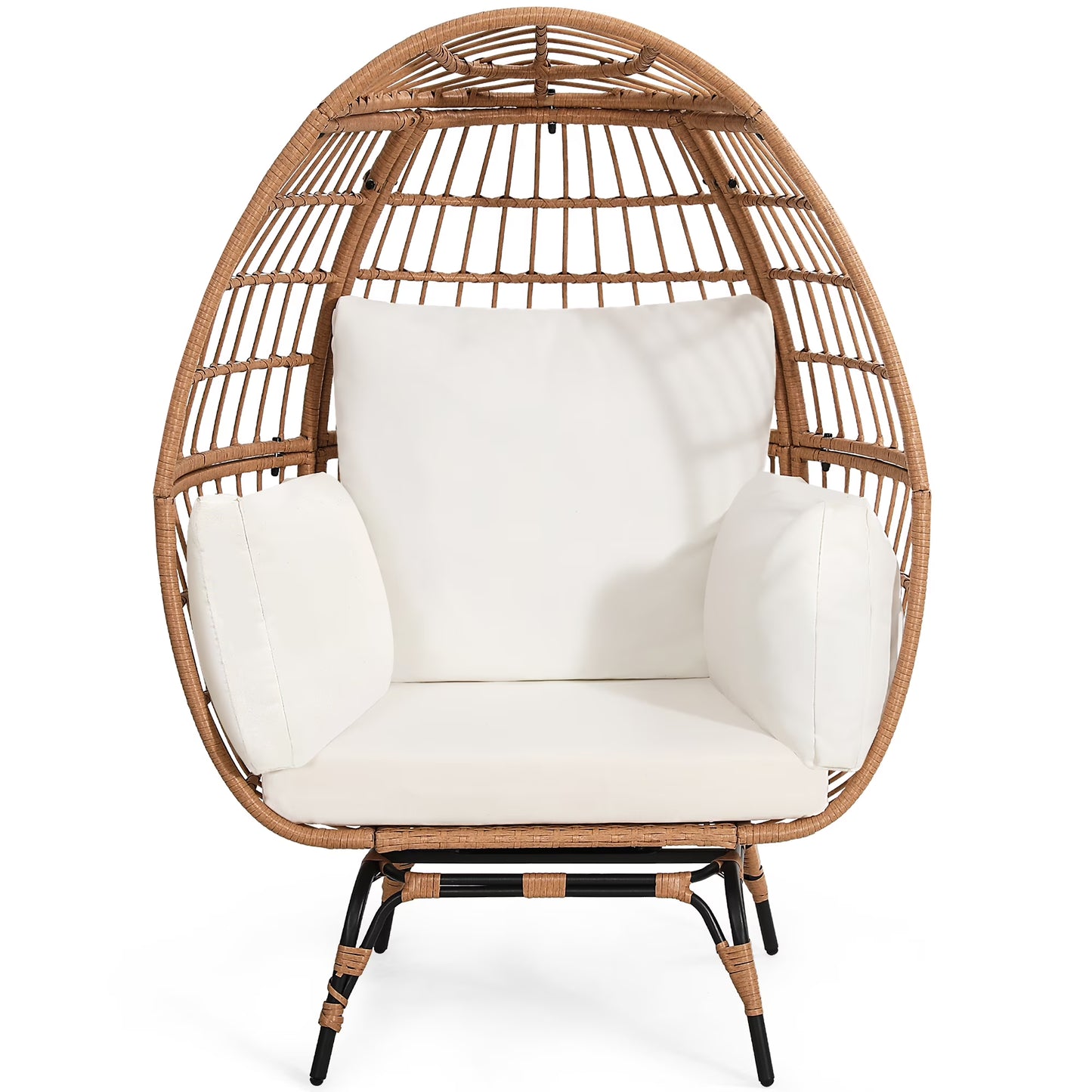 Skandiquip Oversized Rattan Adult Egg Chair, 360 Swivel, Outdoor Patio Chair with overstuffed Cushions, Indoor Large Wicker Egg Chair, Natural Rattan, Beige Cushion