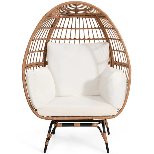 Skandiquip Oversized Rattan Adult Egg Chair, 360 Swivel, Outdoor Patio Chair with overstuffed Cushions, Indoor Large Wicker Egg Chair, Natural Rattan, Beige Cushion
