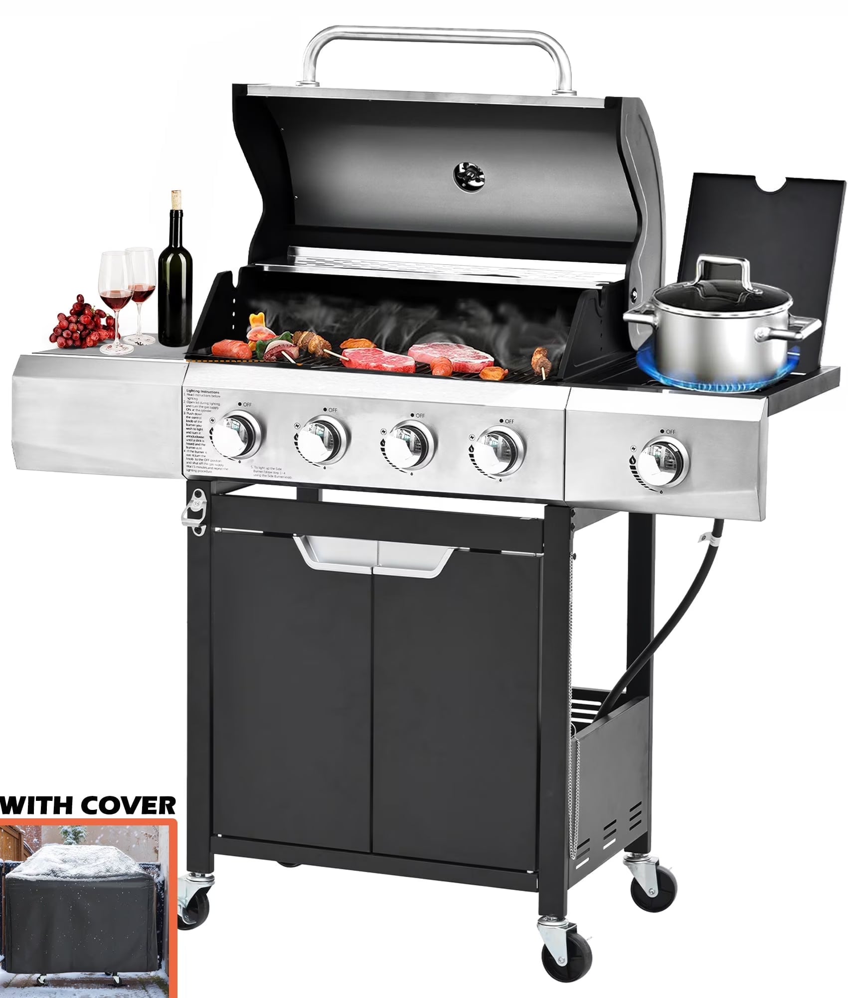 Seizeen 40,500 BTU Propane Gas Grill with Side Burner, Stainless Steel 3 Burner Barbecue Grill Portable on Wheels, with Bottle Opener, for Camping Patio Outdoor Cooking