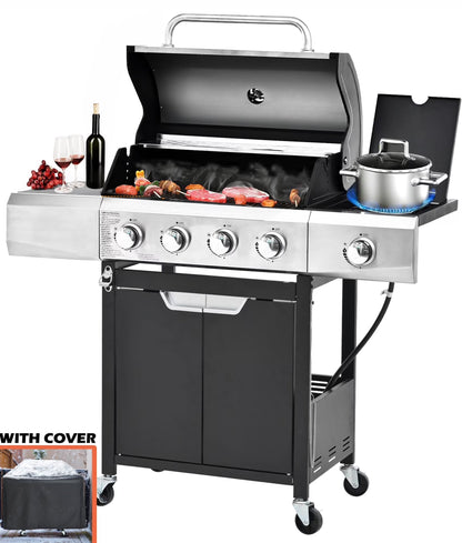 Seizeen 40,500 BTU Propane Gas Grill with Side Burner, Stainless Steel 3 Burner Barbecue Grill Portable on Wheels, with Bottle Opener, for Camping Patio Outdoor Cooking