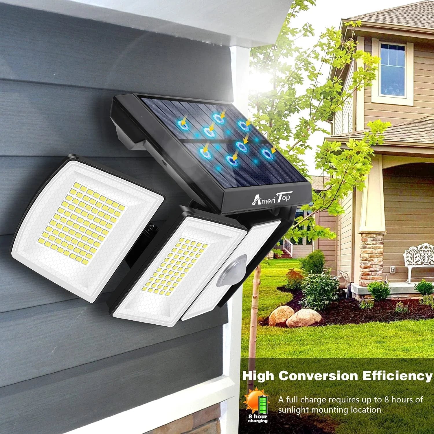 Solar Lights Outdoor AmeriTop 300 LED 7000K Motion Sensor Lights Cordless; 5 Adjustable Heads, 360° Wide Angle Illumination, IP65 Waterproof, Security LED Flood Light for Patio Yard Garden 2 Pack
