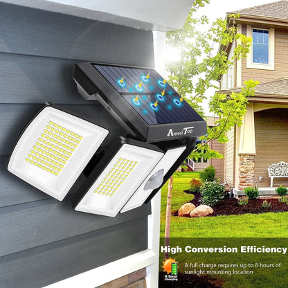 Solar Lights Outdoor AmeriTop 300 LED 7000K Motion Sensor Lights Cordless; 5 Adjustable Heads, 360° Wide Angle Illumination, IP65 Waterproof, Security LED Flood Light for Patio Yard Garden 2 Pack