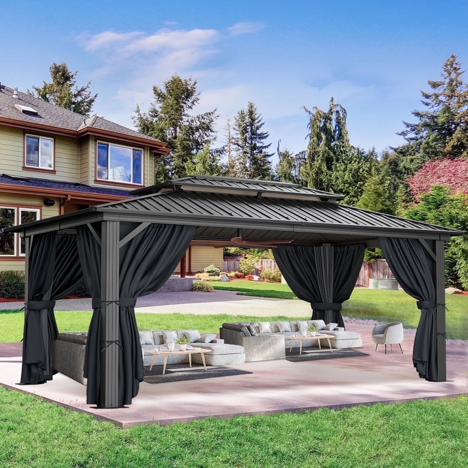 SANOPY 10x15ft Hardtop Gazebo Outdoor with Netting and Curtains Patio Gazebo Canopy Tent for Shade and Rain Double Roof Aluminum Permanent Gazebo Canopy for Garden, Backyard