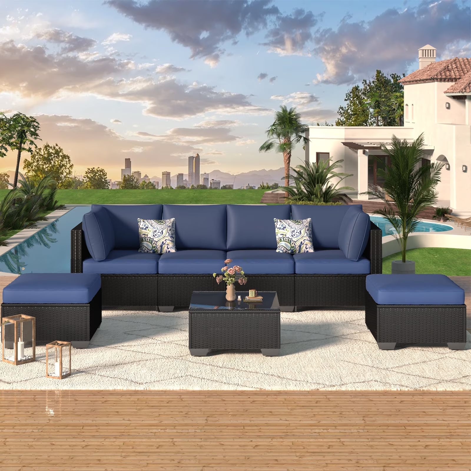 YODOLLA 7 Pc Patio Furniture Set in Beige Cushion& Black PE Rattan Outdoor Sectional Sofa Couch Patio Conversation Set with Table