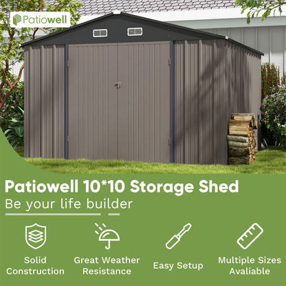 Patiowell Size Upgrade 10 x 10 ft Outdoor Storage Metal Shed with Sloping Roof and Double Lockable Door, Brown