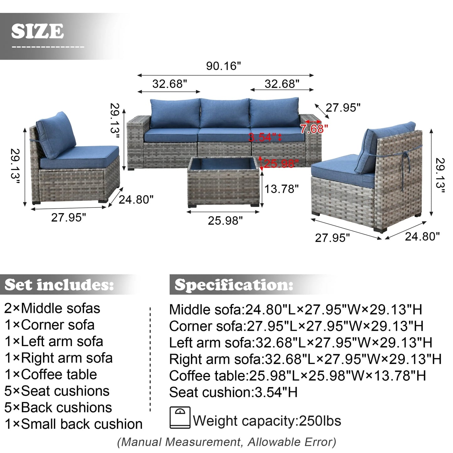Ovios 6 Piece Outdoor Furniture All Weather Wicker Patio Conversation Sectional Couch with 7.68" Armrest for Garden Backyard