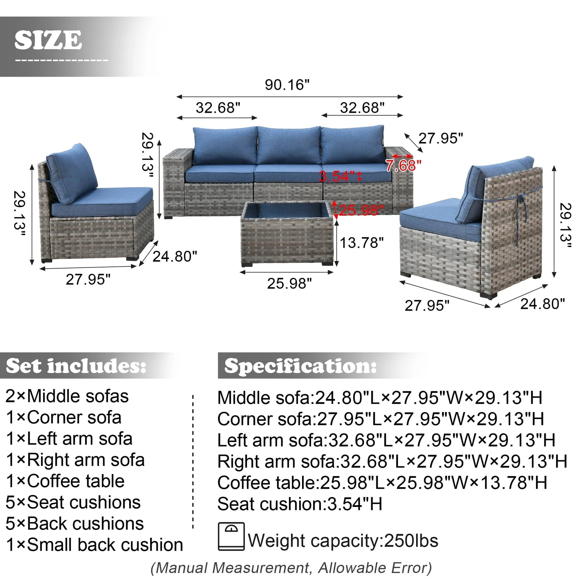 Ovios 6 Piece Outdoor Furniture All Weather Wicker Patio Conversation Sectional Couch with 7.68" Armrest for Garden Backyard