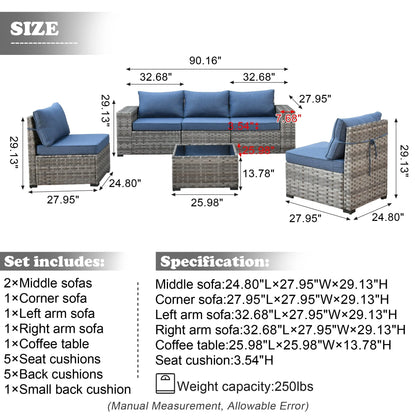 Ovios 6 Piece Outdoor Furniture All Weather Wicker Patio Conversation Sectional Couch with 7.68" Armrest for Garden Backyard