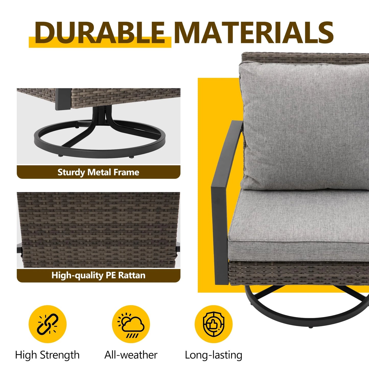 Sunvivi Patio Swivel Dining Chairs with 360-Degree Rotating, All Weather Rattan Chairs with Water-resistant Cushions & Metal Frame, Modern Outdoor Rocking Chair for Porch, Bistro, Balcony