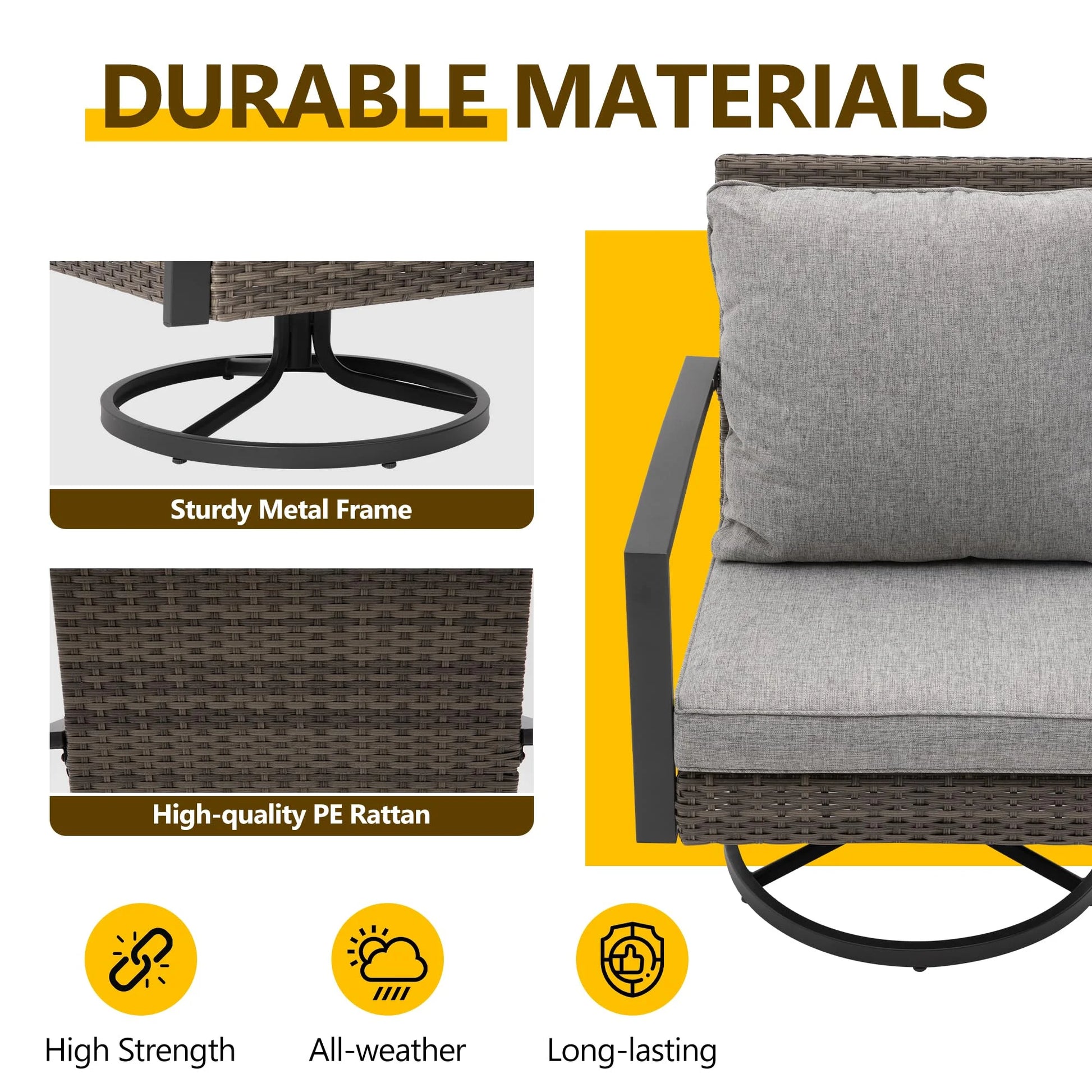 Sunvivi Patio Swivel Dining Chairs with 360-Degree Rotating, All Weather Rattan Chairs with Water-resistant Cushions & Metal Frame, Modern Outdoor Rocking Chair for Porch, Bistro, Balcony