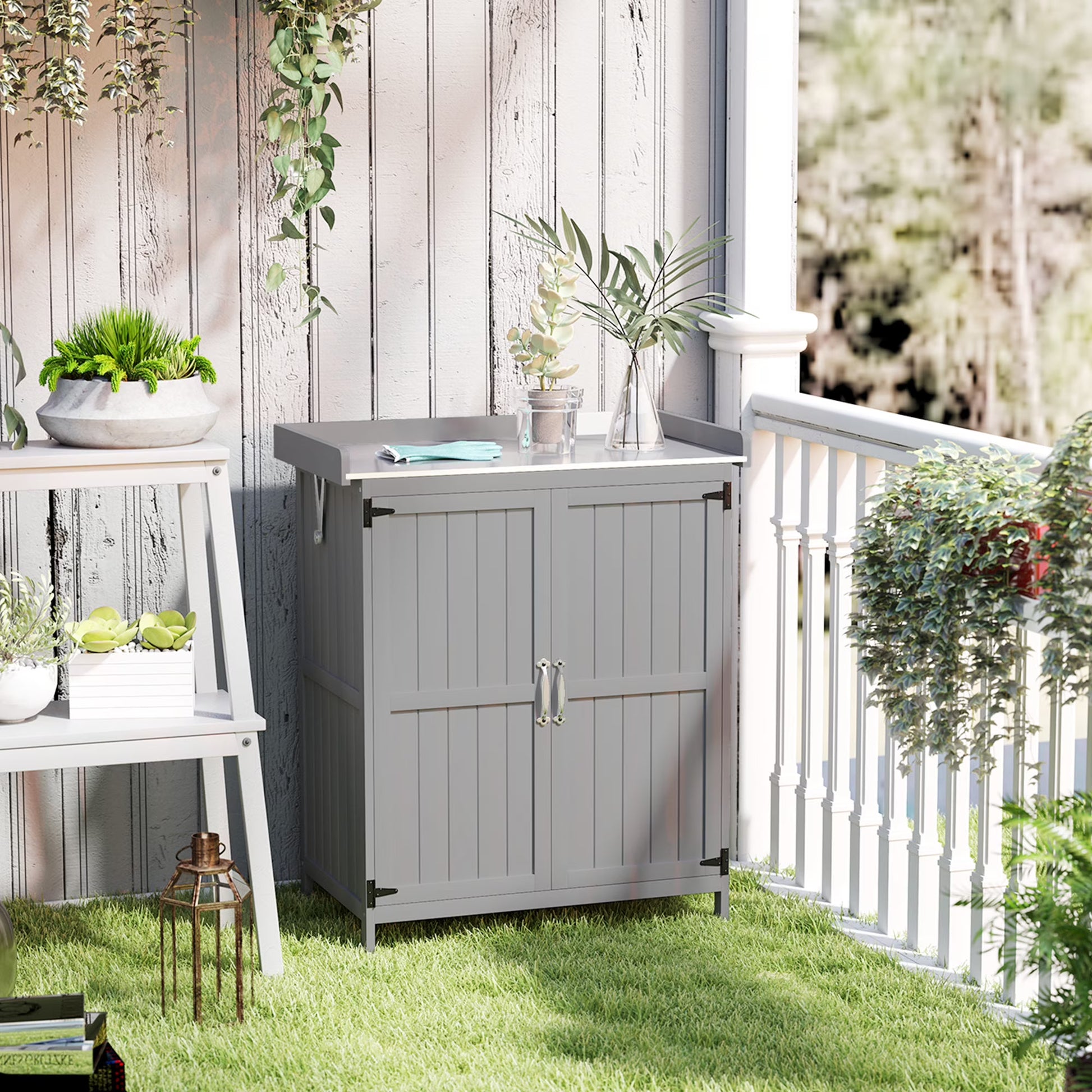 Outsunny Outdoor Garden Shed, Wooden Backyard Shed with Metal Tabletop, Shelf and 2 Doors for Patio, Lawn, Gray