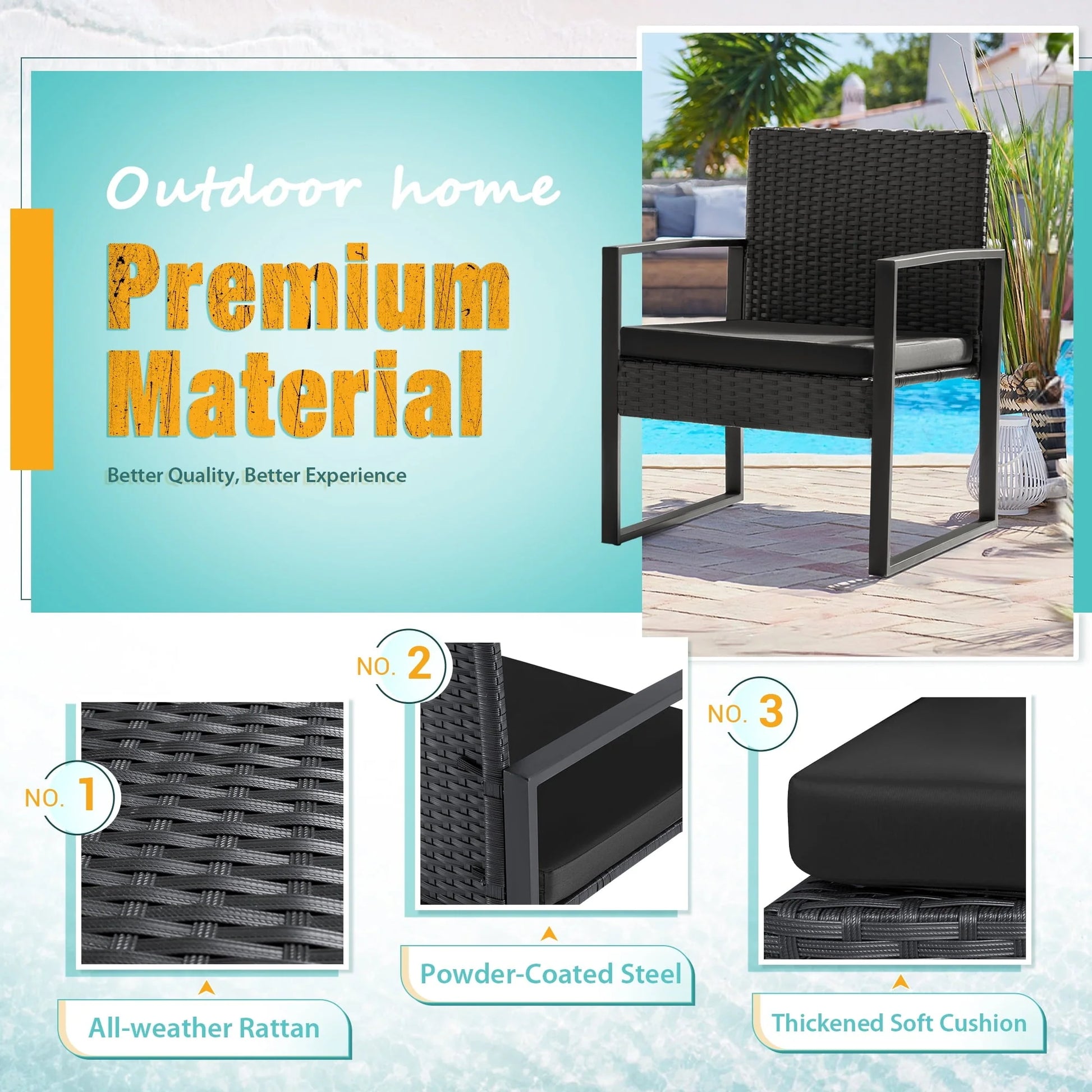 Lacoo 3 Pieces Patio Conversation Set PE Rattan Bistro Chairs Set of 2 with Coffee Table, Black