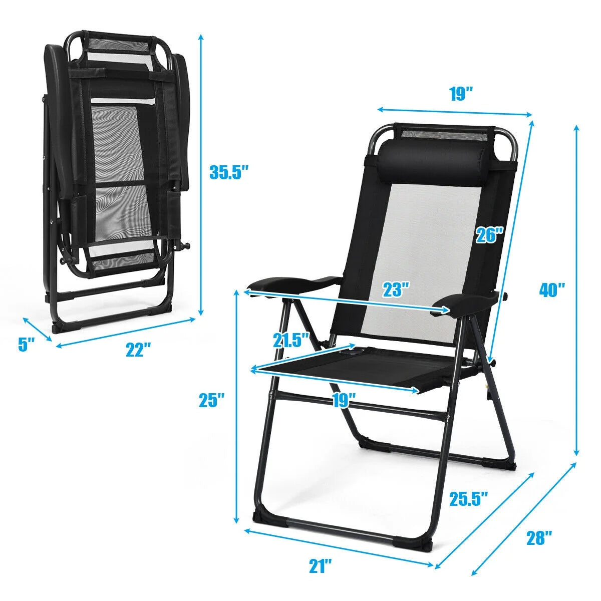 Gymax 2PC Folding Chairs Adjustable Reclining Chairs with Headrest Patio Garden Black