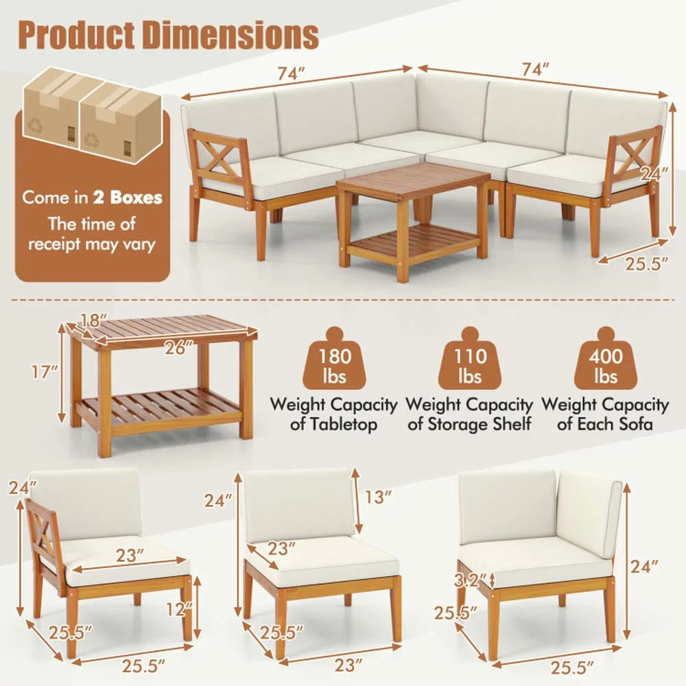 Kepooman Outdoor Conversation Sets,Patio Furniture Sets,6 Pieces Acacia Wood Patio Furniture Set with Cushions and 2-Tier Coffee Table-White
