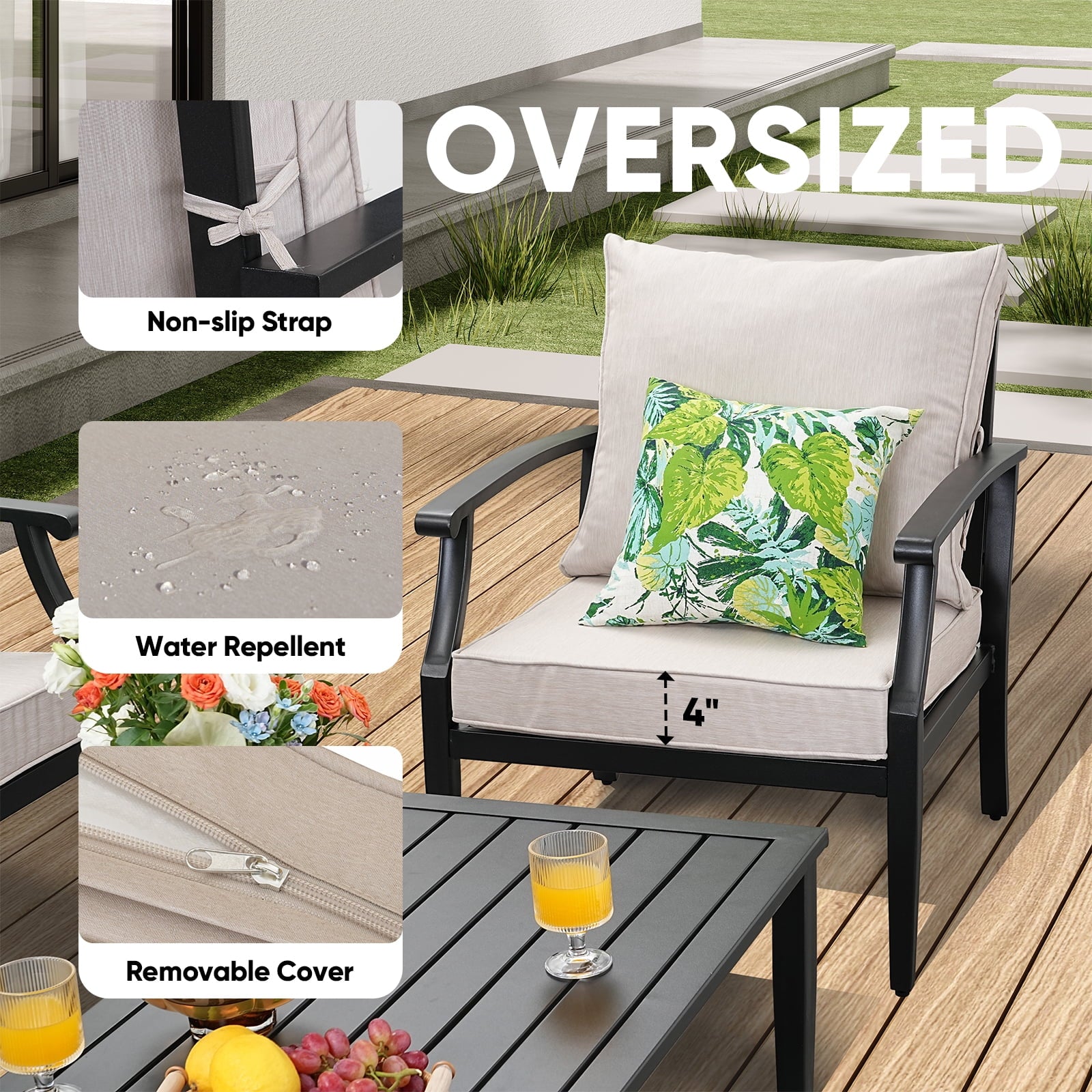 JOYURE 4 pieces Patio Furniture Set w/loveseat,Coffe Table,Outdoor Conversation Metal Sofa with High Back and Thick Cushion,for Backyard,Garden,Beige