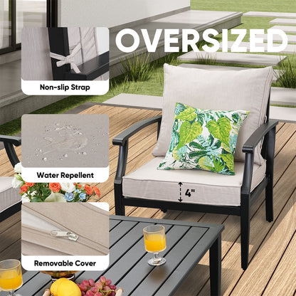 JOYURE 4 pieces Patio Furniture Set w/loveseat,Coffe Table,Outdoor Conversation Metal Sofa with High Back and Thick Cushion,for Backyard,Garden,Beige