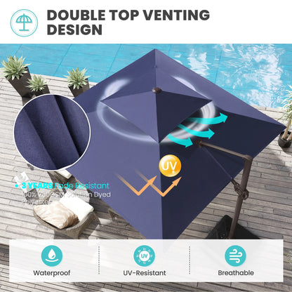 Pellebant 10 ft. x 10 ft. Square Double Top Patio Cantilever Umbrella, Navy Blue