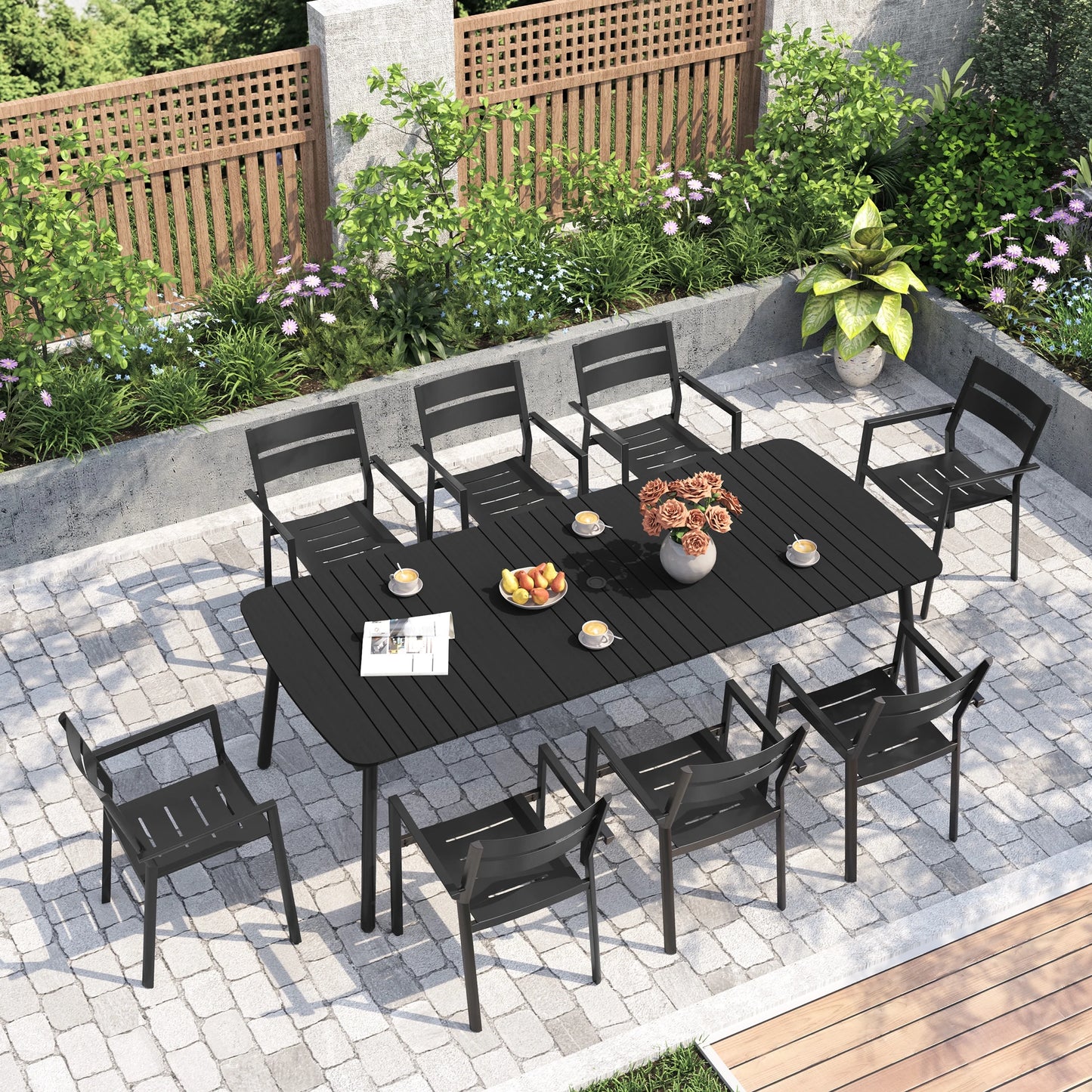 Pellebant 93" Outdoor Dining Table for 8–10 People, Patio Rectangle Table with Wood-Like Tabletop and Umbrella Hole, Aluminum Frame for Garden, Lawn, or Backyard, Brown