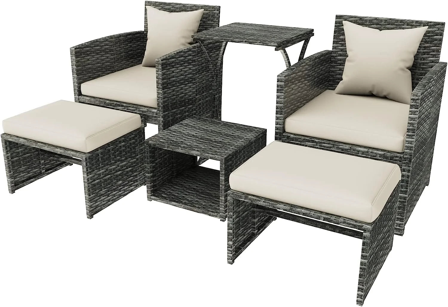 6 Piece Patio Furniture Conversation Set with Ottoman, Outdoor Black& Grey Wicker Chair and Table Set with Beige Cushion, Balcony Furniture for Apartments. (Black)
