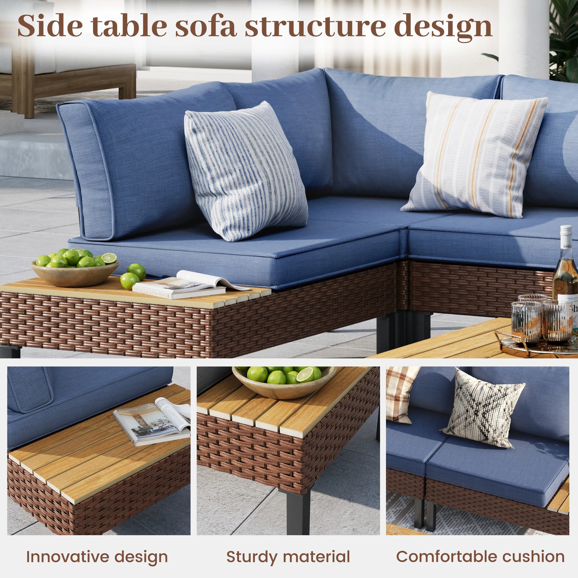 ELPOSUN L Shaped Conversation Sectional Sofa Set with Coffee Table, 5 Pieces Patio Furniture Seating Group with Side Table for Backyard Garden, Beige Grey
