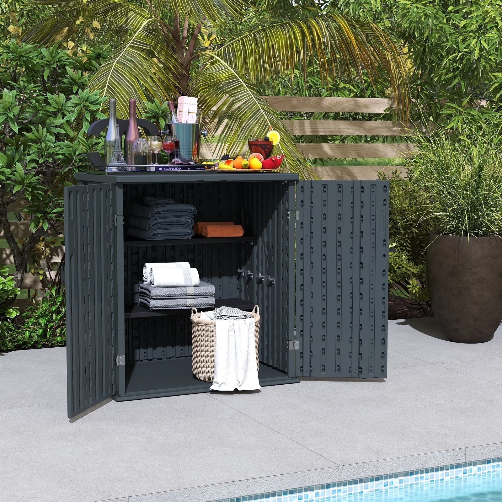 ZYJOYY 15 Cu.Ft Resin Outdoor Storage Shed with Floor & 2 Shelves, Lockable Waterproof Backyard Horizontal Cabinet for Patio, Garden Tools & Equipment,Sage Grey
