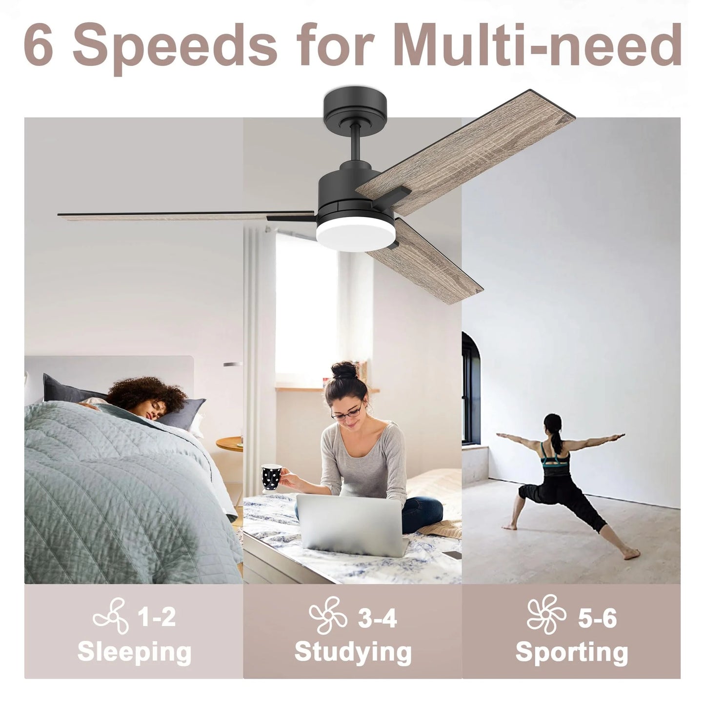 52 Inch Black and Walnut Brown Smart Ceiling Fan with LED Lights Remote,for Bedroom Patio Porch