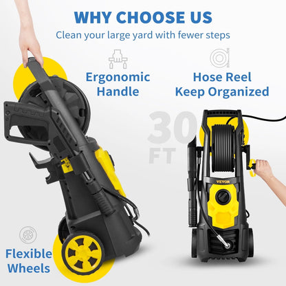 VEVOR Electric Pressure Washer, 2000 PSI, Max. 1.76 GPM Power Washer w/30 ft Hose & Reel, 5 Quick Connect Nozzles, Foam Cannon, Portable to Clean Patios, Cars, Fences, Driveways, ETL Listed