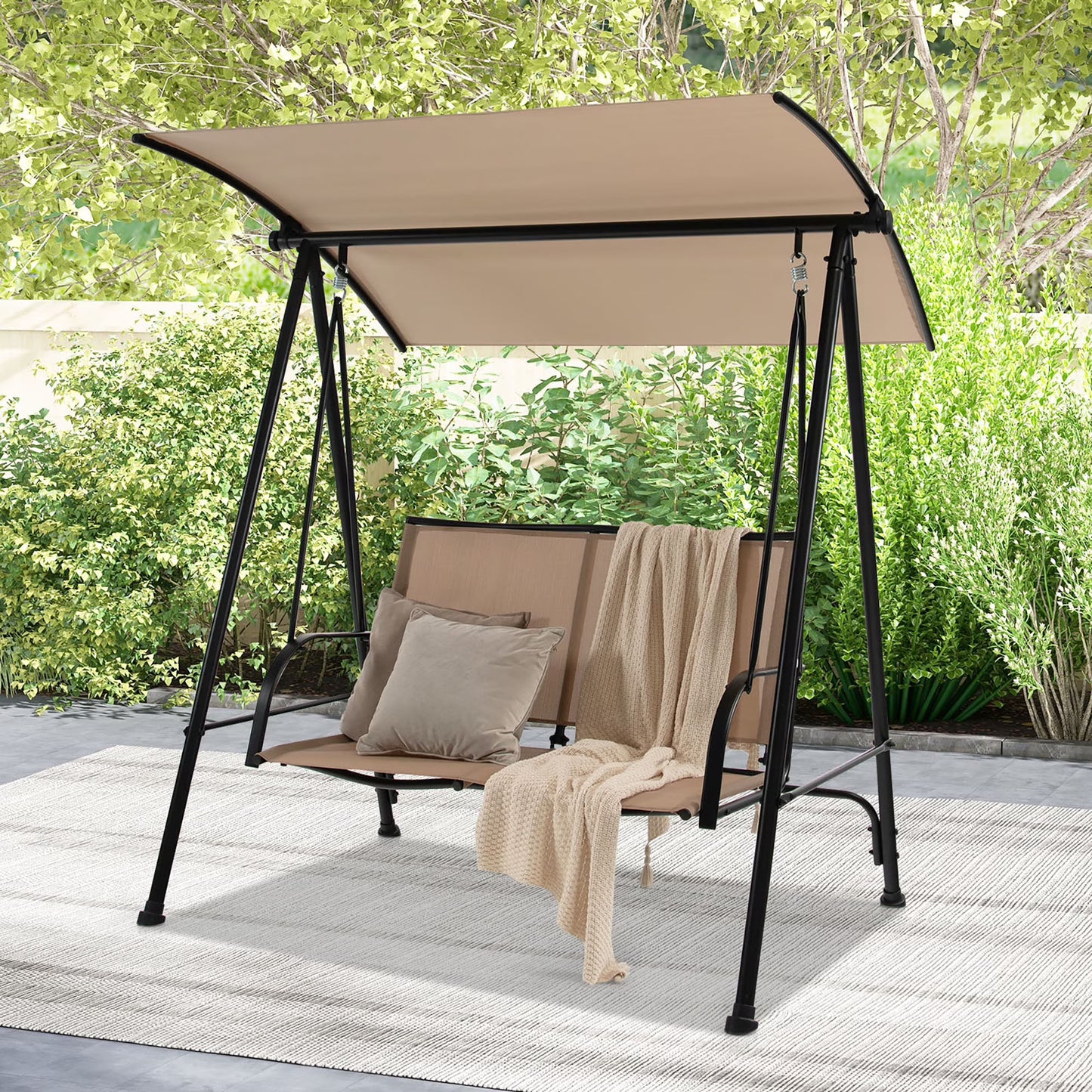 Gymax 2-Person Patio Swing Seat Swing Bench Canopy Swing Loveseat Outdoor Dark Brown