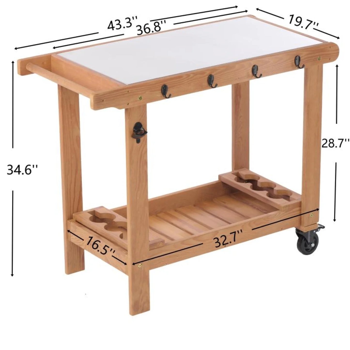Outdoor Wooden Cart Table With Wheels Metal Top And Storage Hook For Patio Backyard Garden Offering Both Charm And Heat Resistance
