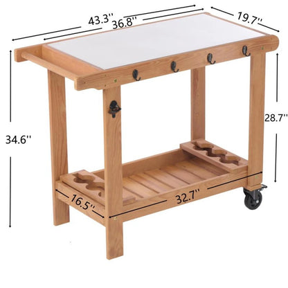 Outdoor Wooden Cart Table With Wheels Metal Top And Storage Hook For Patio Backyard Garden Offering Both Charm And Heat Resistance