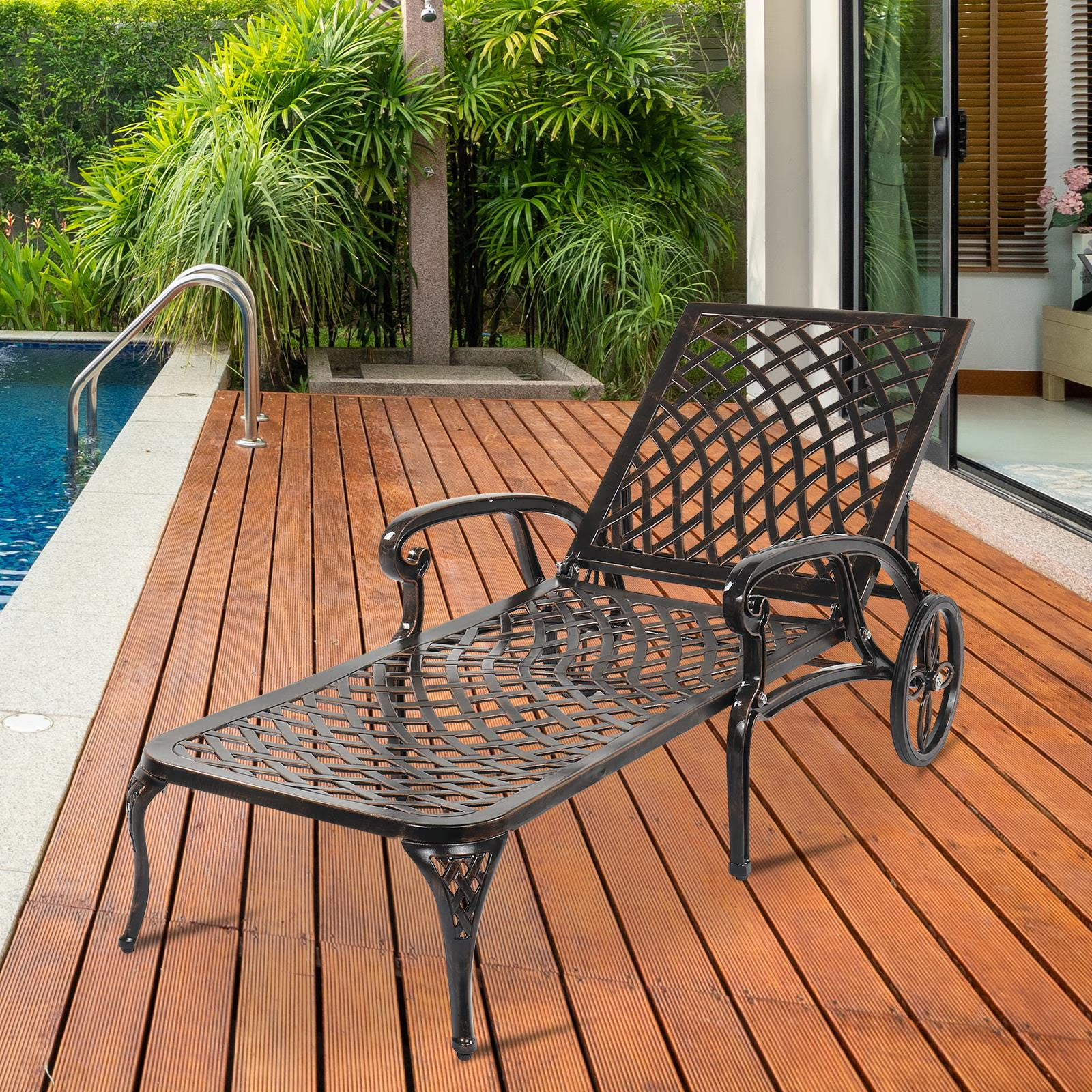 Zimtown Cast Aluminum Lounge Chair Adjustable Patio Recliner, Patio Chaise Chair, Heavy Duty Lying Bed for Garden, Poolside, Yard, Lawn, Black