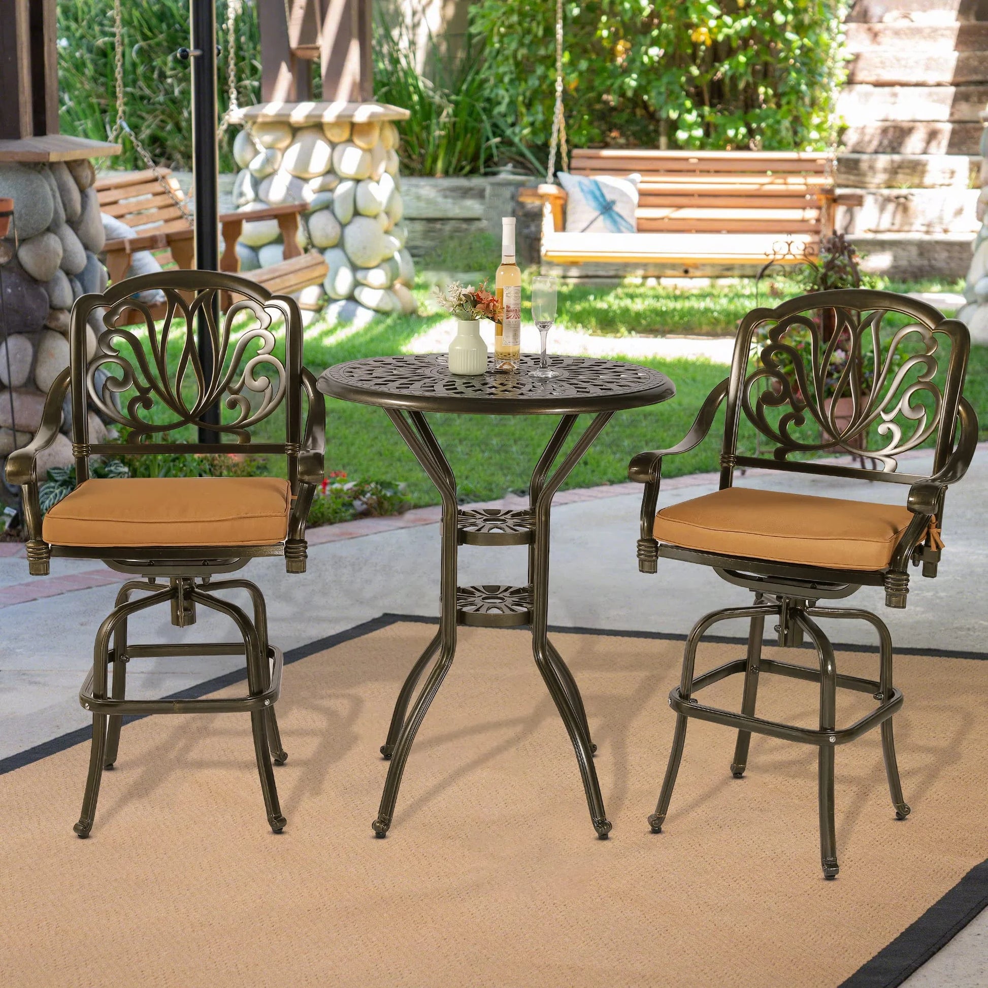 VIVIJASON 30.8" Round Cast Aluminum Patio Bar Table with Umbrella Hole, Antique Bronze