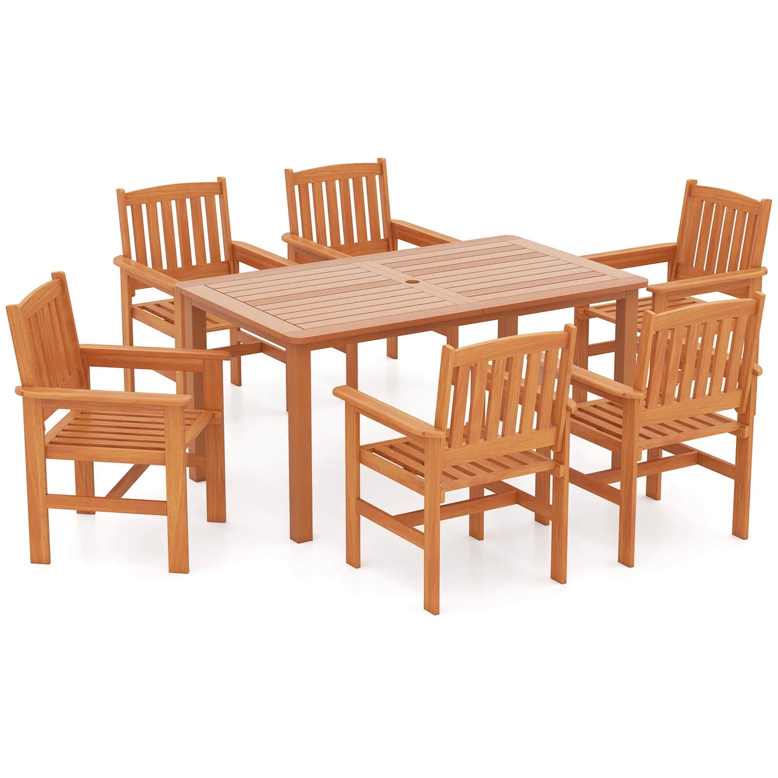 Costway 7 PCS Patio Wood Dining Table Set with 2? Umbrella Hole Outside Furniture Set