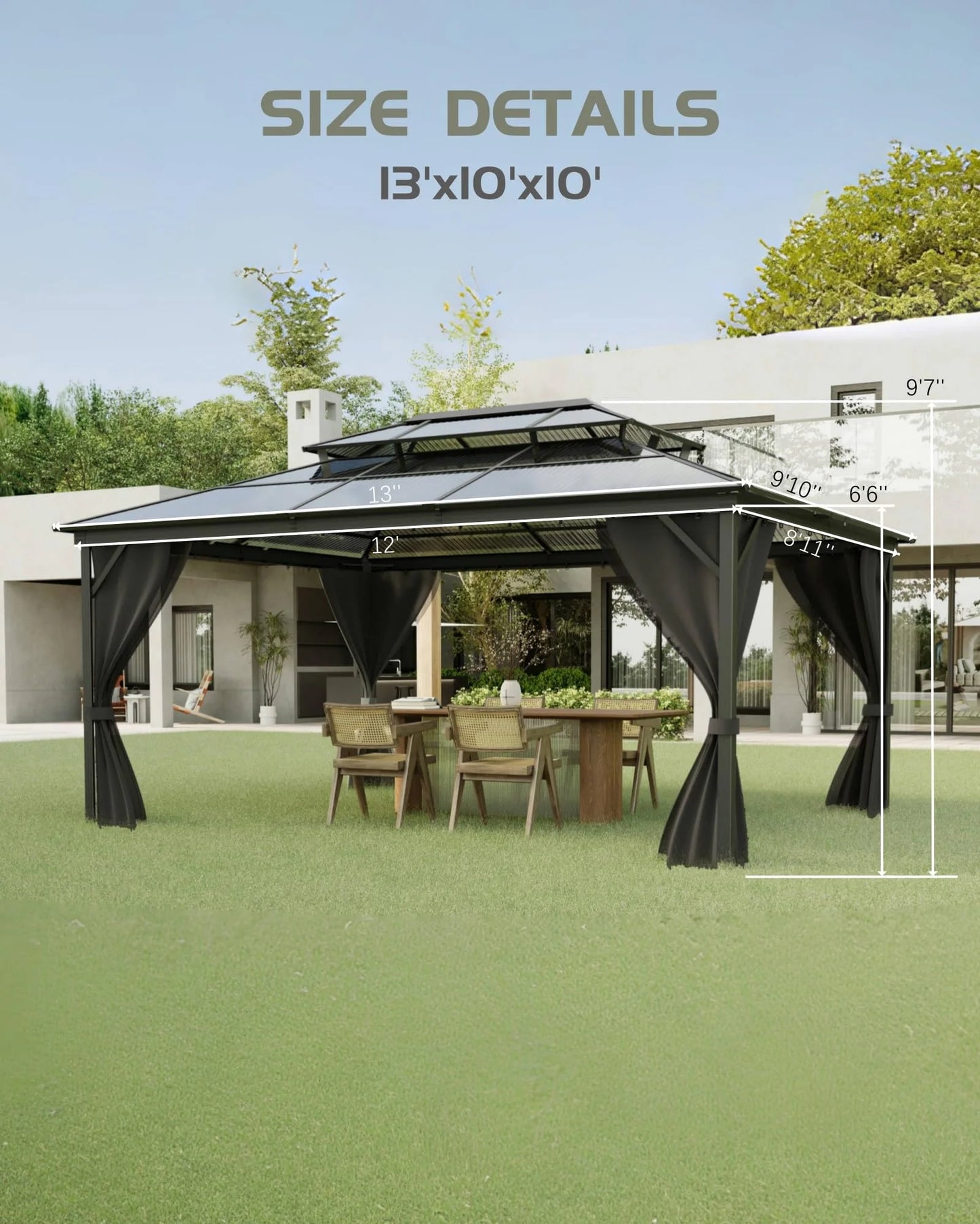 TROPOW Gazebos for Gardens,All Seasons Gazebos,Hardtop Gazebo 10'x13' for All Weather, Double Polycarbonate Sheets Roof, Aluminum Alloy Frame, Net, and Curtain, Permanent Building for Patio,Gray