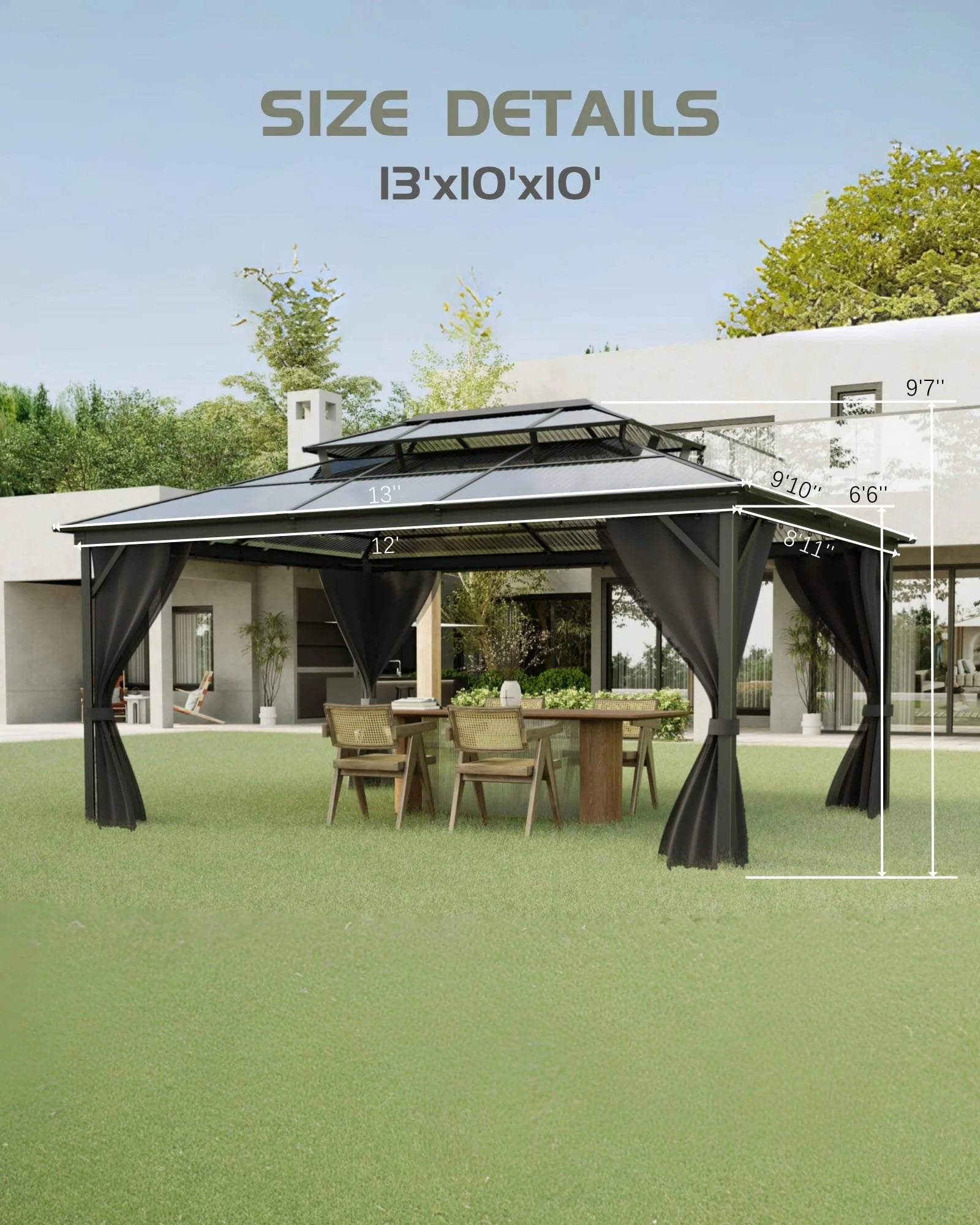 TROPOW Gazebos for Gardens,All Seasons Gazebos,Hardtop Gazebo 10'x13' for All Weather, Double Polycarbonate Sheets Roof, Aluminum Alloy Frame, Net, and Curtain, Permanent Building for Patio,Gray