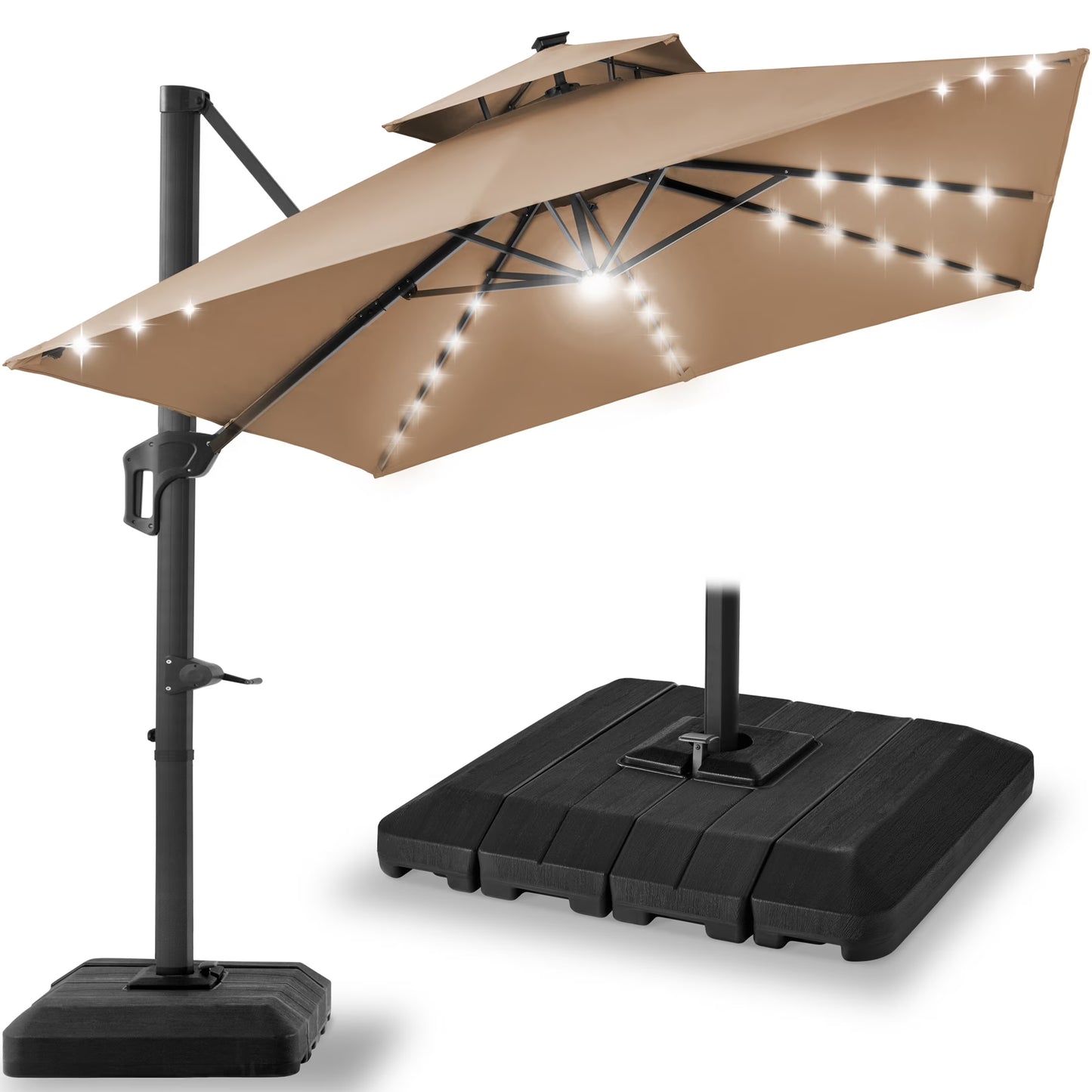 Best Choice Products 10x10ft 2-Tier Square Outdoor Solar LED Cantilever Patio Umbrella w/Base Included - Tan