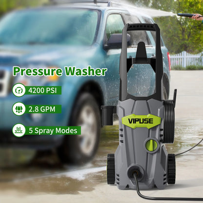 Vipuse Electric Pressure Washer, 4200 PSI Max.2.8GPM Power Washer with 23ft Hose/4 Nozzles/400ML Foam Cannon, Clean Tool for Cars/Fences/Patios/Floor