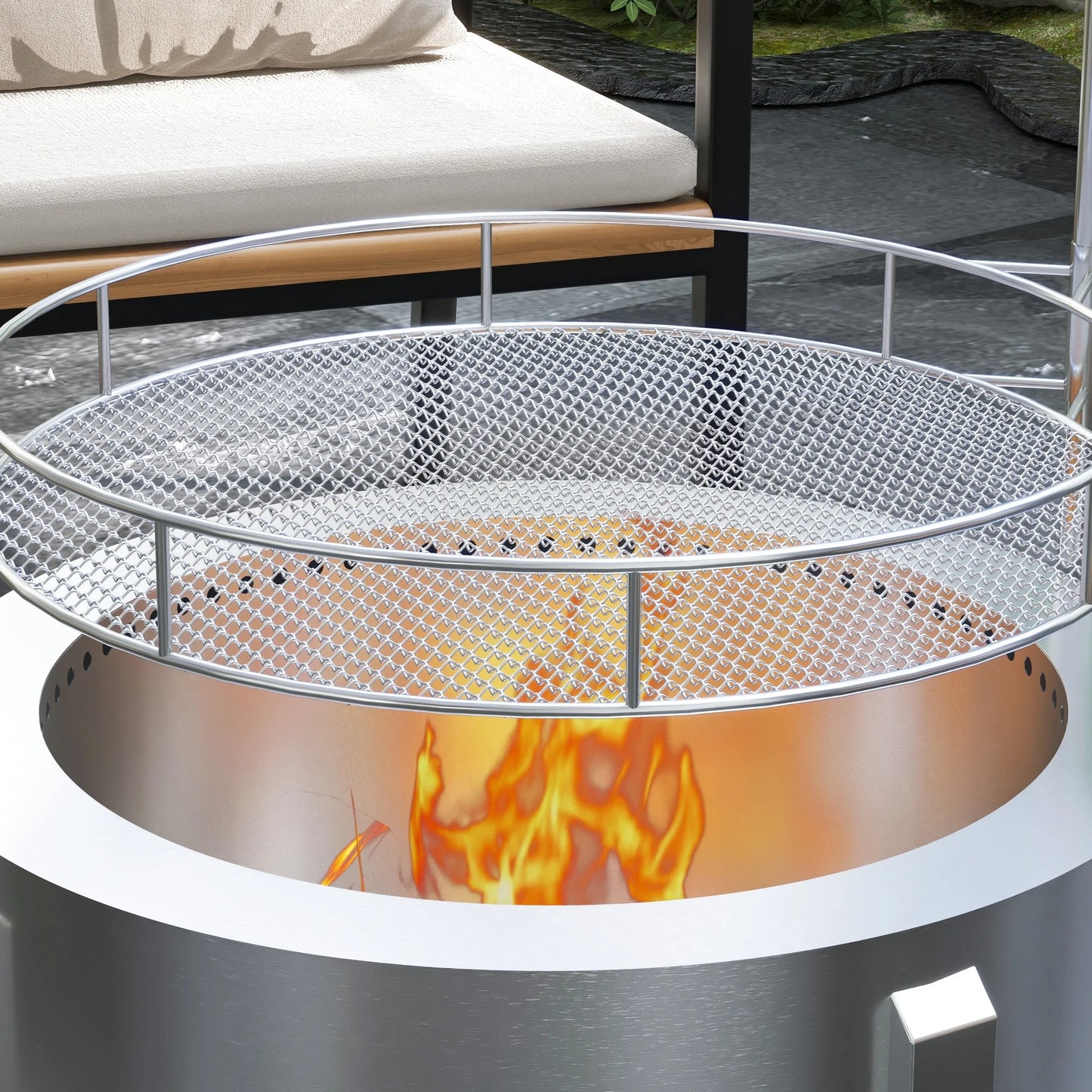 BBQ Utensils Outsunny 2-in-1 Smokeless Fire Pit, BBQ Grill, 19" Portable Wood Burning Firepit with Cooking Grate and Poker, Low Smoke Camping Bonfire Stove for Backyard Patio Picnic, Stainless Steel,