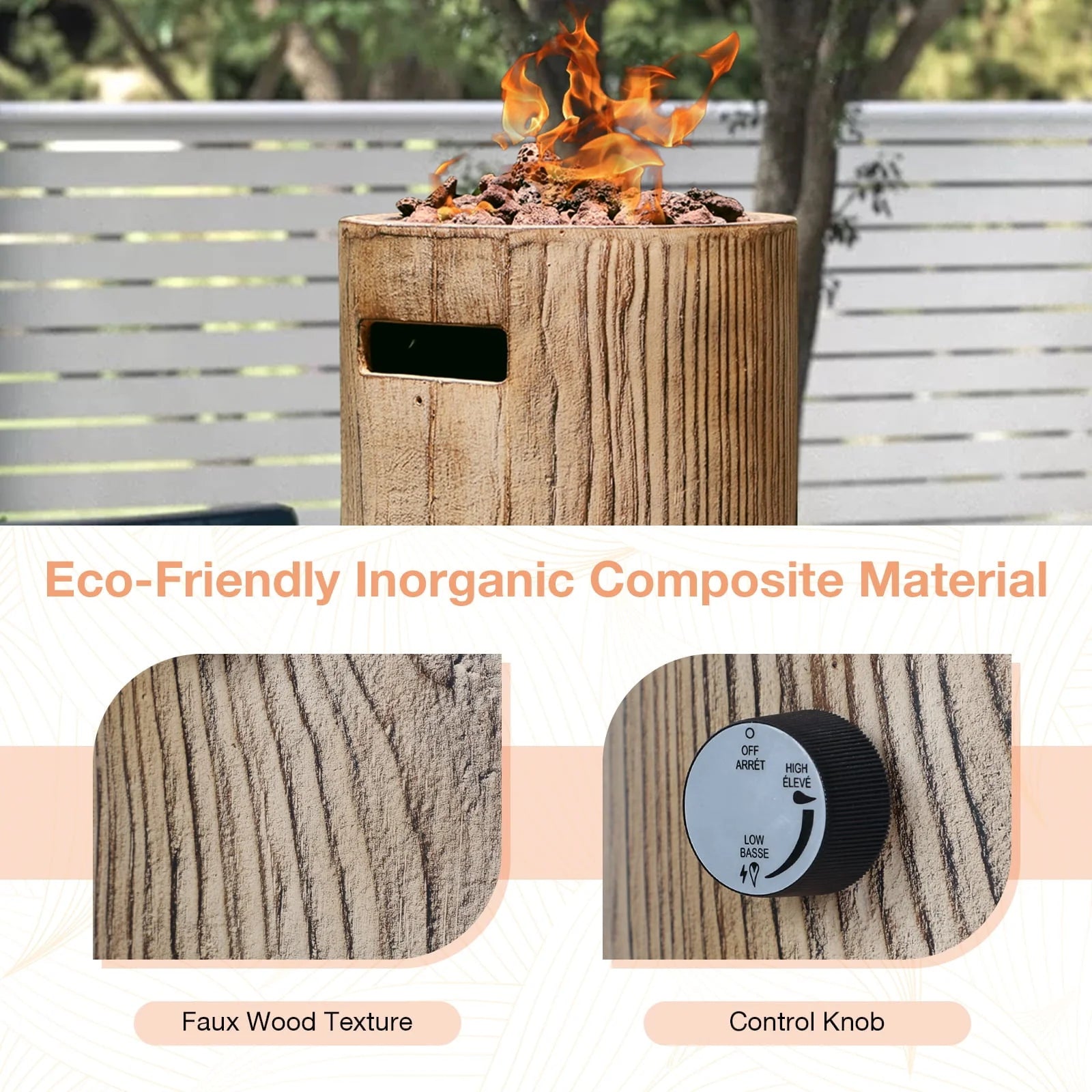 Tabletop Fireplace Small Propane Fire Pit, Patio Outdoor 10inch Portable Concrete Tabletop Gas Fire Bowl, Round-Wood Pattern Brown