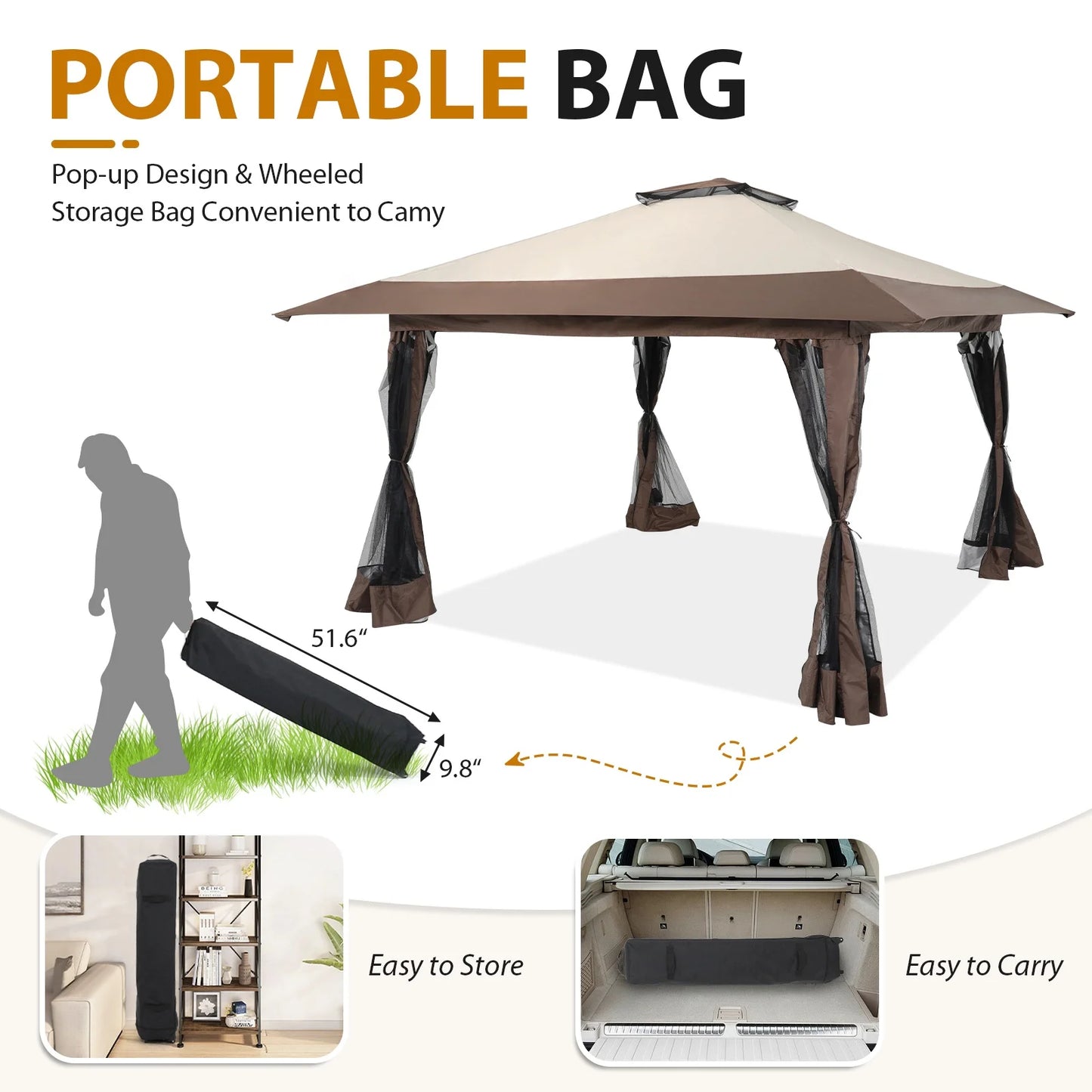 JOIVI 13'x13?Patio Gazebo, Outdoor Pop up Gazebo, Canopy Gazebo Tent Shelter with Mosquito Netting, Beige & Brown