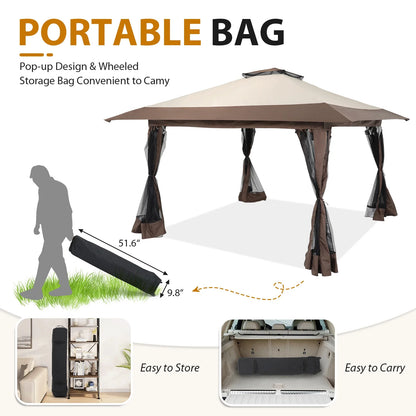 JOIVI 13'x13?Patio Gazebo, Outdoor Pop up Gazebo, Canopy Gazebo Tent Shelter with Mosquito Netting, Beige & Brown