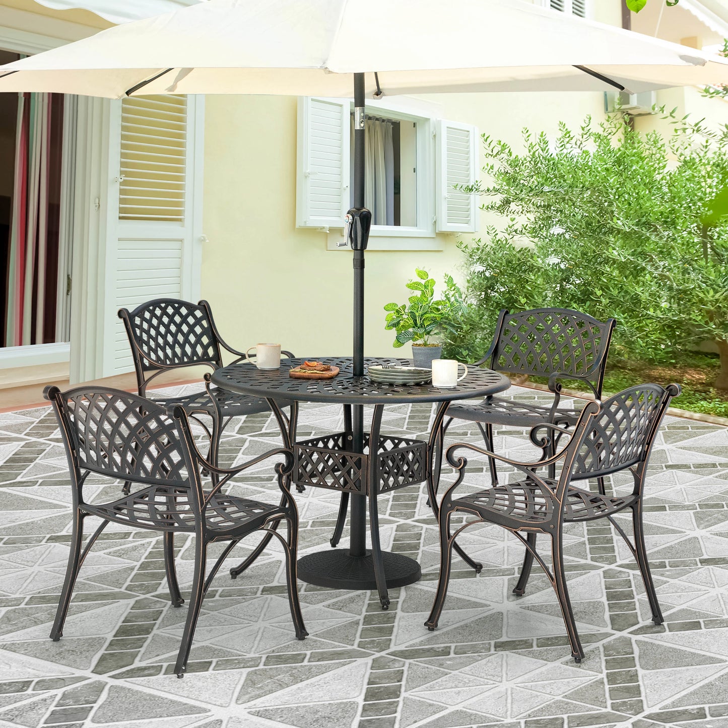 Nuu Garden 5-Piece Outdoor Bar Set, Outdoor Patio Dining Furniture Set, Round Dining Table with Umbrella Hole and Patio Dining Chairs, Bronze